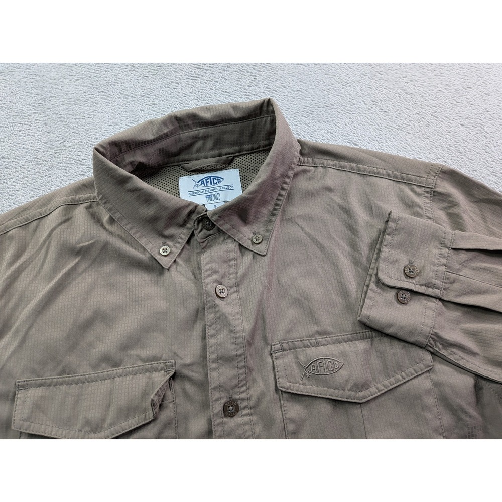 AFTCO Mens AFTECH Long Sleeve Fishing Shirt Brown Ripstop Button Down Small